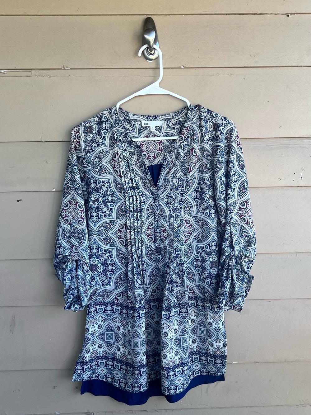 DR2 Boho Tunic Top Womens XS Blue Paisley Pleated Roll Tab Sleeve DR16197PR1